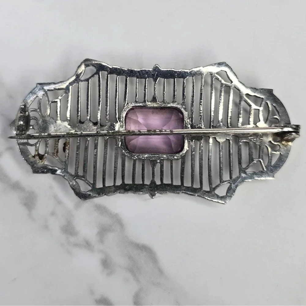 Antique Art Deco Sterling Silver Filigree Purple Crystal Bar Brooch CKB Pin 5.5g